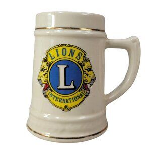 Lions International Stein Tankard Cream Mug Ceramic 22K Gold Trim Emblem USA